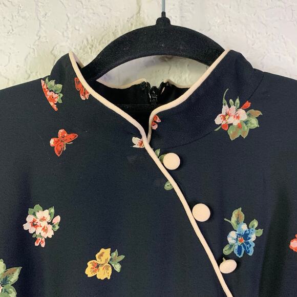 DW3 DAVID WARREN Dress‎ 8 Vintage Mandarin Floral Back Slit Cream Piping Lined - Picture 3 of 14